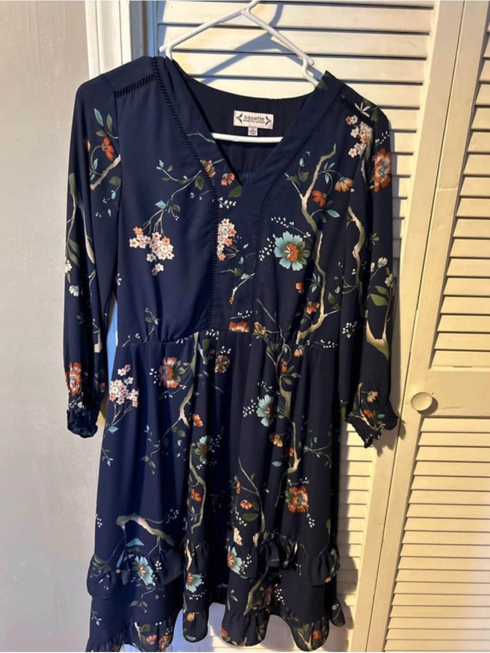 Nanette Lepore Navy Floral V-Neck Dress with Orange & Teal Accents size 4.